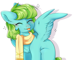 Size: 3155x2619 | Tagged: safe, artist:pledus, oc, oc only, oc:daisy chain (marcibel), pegasus, pony, :p, chest fluff, clothes, eyes closed, female, freckles, high res, mare, scarf, simple background, solo, tongue out, white background