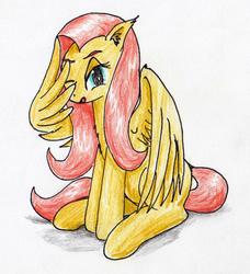 Size: 1671x1829 | Tagged: safe, artist:40kponyguy, derpibooru exclusive, fluttershy, pegasus, pony, g4, ear fluff, facewing, female, looking at you, one eye closed, reaction image, simple background, solo, traditional art, white background, wing hands, wings