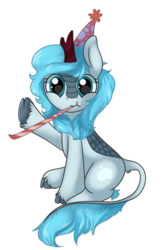 Size: 721x1108 | Tagged: safe, artist:xyvernartworks, oc, oc only, oc:frost flare, kirin, pony, 2020 community collab, derpibooru community collaboration, cloven hooves, female, hat, kirin oc, party hat, party whistle, simple background, sitting, solo, transparent background, waving