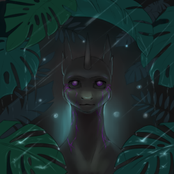 Size: 2000x2000 | Tagged: source needed, useless source url, safe, artist:kotosova, oc, oc only, oc:fester, changeling, bust, darkness, high res, leaves, night, purple changeling, rain, solo