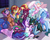 Size: 1600x1266 | Tagged: safe, artist:dstears, cozy glow, princess luna, queen chrysalis, starlight glimmer, sunset shimmer, tempest shadow, trixie, twilight sparkle, alicorn, changeling, changeling queen, pegasus, pony, unicorn, g4, a better ending for chrysalis, a better ending for cozy, angry, broken horn, brushing, clothes, costume, cozybetes, cute, cutealis, diatrixes, digital art, drink, evil grin, eye scar, eyes closed, female, filly, foal, food, footed sleeper, glimmerbetes, glowing, glowing horn, go-karting with bowser, grin, horn, imminent pillow fight, kigurumi, levitation, lipstick, lunabetes, lying down, madorable, magic, magic aura, makeover, makeup, mare, mouth hold, pajamas, party, paw socks, phone, pillow, pillow fight, pizza, queen chrysalis is not amused, scar, shimmerbetes, sitting, sleepover, slumber party, smiling, socks, striped socks, telekinesis, tempestbetes, thigh highs, twiabetes, twilight sparkle (alicorn), unamused, wall of tags