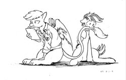 Size: 3211x2039 | Tagged: safe, artist:the-minuscule-task, oc, oc:feather cross, oc:spaz, griffon, pony, bronycon, biting, clipboard, emt, high res, ink drawing, silly, sketch, tail, tail bite, traditional art