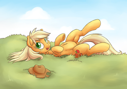 Size: 1920x1352 | Tagged: safe, artist:dfectivedvice, derpibooru exclusive, edit, applejack, earth pony, pony, g4, belly button, colored, cute, dock, ear fluff, female, grass, horses doing horse things, jackabetes, loose hair, mare, on back, open mouth, rolling, smiling, solo
