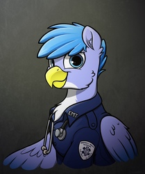 Size: 2420x2892 | Tagged: source needed, useless source url, safe, artist:selenophile, oc, oc only, oc:feather cross, griffon, chest fluff, clothes, emt, griffon oc, high res, male, pale belly, quadrupedal, solo, stethoscope, uniform