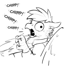 Size: 3000x3285 | Tagged: source needed, useless source url, safe, artist:selenophile, oc, oc:feather cross, griffon, behaving like a bird, catbird, chirping, clothes, grayscale, griffons doing bird things, high res, majestic as fuck, monochrome, quadrupedal, silly, simple background, sketch, startled, uniform, white background