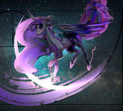 Size: 3052x2753 | Tagged: safe, artist:alumx, part of a set, princess luna, alicorn, pony, g4, chromatic aberration, curved horn, error, female, fibonacci spiral, glitch, golden ratio, high res, horn, missing accessory, solo, space, vent art