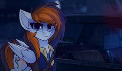 Size: 2400x1400 | Tagged: safe, artist:shadowreindeer, oc, oc only, oc:rainy sky, pegasus, pony, badge, car, commission, detroit: become human, detroitpolice, eye clipping through hair, female, looking at you, mare, police, police badge, police uniform, ych result