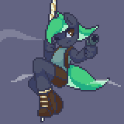 Size: 400x400 | Tagged: safe, artist:stockingshot56, oc, oc only, oc:moonlit ace, anthro, animated, clothes, cosplay, costume, gif, gun, idle, lara croft, pixel animation, pixel art, solo, weapon