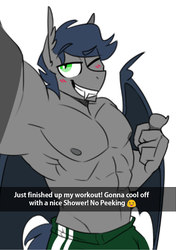 Size: 708x1006 | Tagged: safe, artist:redxbacon, oc, oc only, oc:chase cartwheel, bat pony, anthro, armpits, blushing, clothes, dork, emoji, fangs, gym clothes, looking at you, male, muscles, one eye closed, partial nudity, selfie, smiling, solo, topless, wink