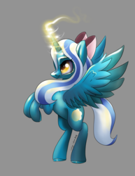 Size: 2550x3300 | Tagged: safe, artist:londynlittleartist, oc, oc only, oc:fleurbelle, alicorn, pony, bow, female, gray background, hair bow, high res, magic, mare, rearing, simple background, solo