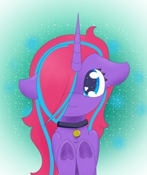 Size: 2893x3452 | Tagged: safe, artist:morrigun, oc, oc only, pony, unicorn, collar, cute, hair over one eye, heart eyes, high res, hooves, horn, looking at you, pet tag, underhoof, wingding eyes