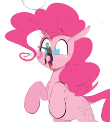 Size: 1733x1914 | Tagged: safe, artist:hattsy, pinkie pie, oc, oc:anon, earth pony, pony, g4, female, humans riding ponies, macro, mare, micro, no pupils, open mouth, pointing, riding, smiling