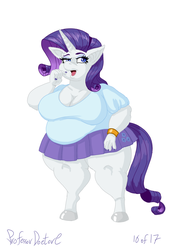 Size: 800x1131 | Tagged: safe, artist:professordoctorc, rarity, anthro, unguligrade anthro, series:r is for rarity, g4, bbw, bracelet, breasts, busty rarity, clothes, fat, jewelry, morbidly obese, nail polish, obese, raritubby, simple background, skirt, white background