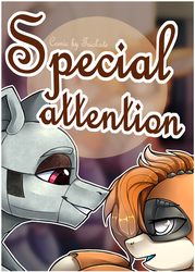 Size: 2500x3500 | Tagged: safe, artist:trickate, oc, oc only, oc:dorn, oc:kiva, pony, robot, robot pony, comic:special attention, bedroom eyes, comic, cover, cover art, female, grin, high res, kirn, lidded eyes, looking at each other, male, oc x oc, shipping, smiling, straight, text