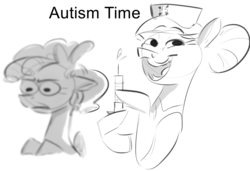 Size: 1651x1132 | Tagged: safe, artist:imsokyo, cozy glow, nurse redheart, earth pony, pegasus, pony, g4, 4chan, anti-vaxxers, autism, drawthread, meme, monochrome, sketch, stock photo, text, trollface, vaccination, we are going to hell