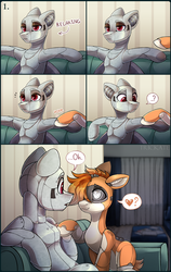 Size: 2520x3978 | Tagged: safe, artist:trickate, oc, oc only, oc:dorn, oc:kiva, pony, robot, robot pony, comic:special attention, bed, comic, couch, female, hair over one eye, high res, kirn, lidded eyes, looking at each other, male, oc x oc, pictogram, question mark, shipping, sitting, straight