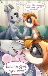 Size: 2520x3978 | Tagged: safe, artist:trickate, oc, oc only, oc:dorn, oc:kiva, pony, robot, robot pony, comic:special attention, bedroom eyes, comic, couch, dialogue, faceless male, female, high res, imminent kissing, kirn, lidded eyes, male, oc x oc, offscreen character, shipping, sitting, smiling, straight
