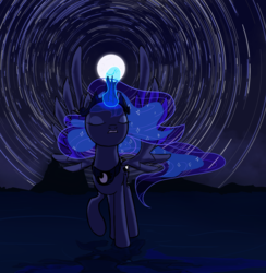 Size: 2928x3000 | Tagged: safe, artist:thehuskylord, princess luna, alicorn, pony, g4, colored, crown, dark background, eyes closed, eyeshadow, female, high res, jewelry, magic, makeup, moon, mountain, night, ocean, regalia, shading, sky, solo, spread wings, stars, time-lapse, wings