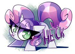 Size: 2121x1541 | Tagged: safe, artist:nekosnicker, sweetie belle, pony, unicorn, g4, :p, cute, diasweetes, female, heck, no pupils, pouting, raspberry noise, solo, text, tongue out