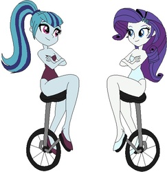 Size: 559x576 | Tagged: safe, artist:erichgrooms3, artist:selenaede, editor:thomasfan45, rarity, sonata dusk, human, equestria girls, g4, bare arms, bare shoulders, barrette, base used, clothes, crossed arms, cute, dat boi, disguise, disguised siren, duo, female, flats, happy, legs, leotard, looking at each other, ponytail, raribetes, sexy, shoes, simple background, sitting, smiling, sonatabetes, unicycle, vector, white background
