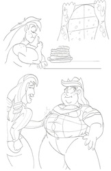 Size: 1617x2498 | Tagged: safe, artist:catstuxedo, applejack, coloratura, human, g4, applefat, applejacked, double chin, fat, female, food, humanized, lineart, monochrome, muscles, pancakes, snow, snowfall, the most fattening time of the year, weight gain