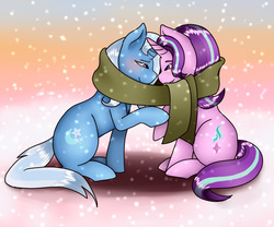 Size: 1280x1066 | Tagged: safe, artist:dragons-doodles, starlight glimmer, trixie, pony, unicorn, g4, clothes, eye contact, female, lesbian, looking at each other, mare, scarf, shared clothing, shared scarf, ship:startrix, shipping, sitting, snow, snowfall
