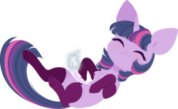 Size: 4862x3000 | Tagged: safe, artist:belka-sempai, twilight sparkle, pony, unicorn, g4, :3, chest fluff, clothes, cute, eyes closed, feather, female, high res, magic, mare, on back, simple background, socks, solo, telekinesis, thigh highs, tickling, transparent background, twiabetes, unicorn twilight