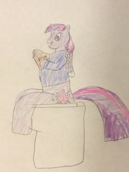 Size: 772x1034 | Tagged: safe, artist:snipiper, twilight sparkle, alicorn, pony, g4, book, but why, female, fetish, implied diarrhea, implied farting, implied pooping, reading, sitting on toilet, solo, story included, toilet, traditional art, twilight sparkle (alicorn)