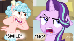 Size: 1200x670 | Tagged: safe, edit, edited screencap, screencap, cozy glow, starlight glimmer, pegasus, pony, unicorn, a horse shoe-in, g4, the summer sun setback, bow, cozy glow is best facemaker, cozybetes, cropped, cute, dialogue, discovery family logo, duo, duo female, female, filly, floppy ears, hair bow, mare, open mouth, smiling, spread wings, teeth, wings