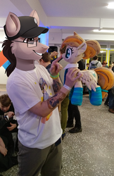 Size: 2160x3328 | Tagged: safe, artist:trickate, oc, oc:tek littlewing, human, pegasus, pony, anthro, pony head on human body, anthro with ponies, boop, clothes, draw over, high res, irl, photo, plushie, polarcon, ponified, socks, striped socks