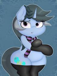 Size: 776x1029 | Tagged: safe, artist:blitzyflair, oc, oc:blitzy flair, pony, unicorn, clothes, female, mare, open mouth, scarf, simple background, socks, wide hips