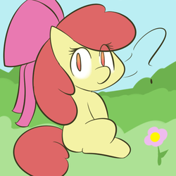 Size: 500x500 | Tagged: safe, artist:lamia, apple bloom, earth pony, pony, g4, adorabloom, blank flank, cute, eye clipping through hair, female, filly, flower, looking at you, no pupils, question mark, sitting, solo
