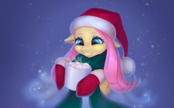 Size: 1354x841 | Tagged: safe, artist:ketlimur, fluttershy, pegasus, pony, g4, bipedal, chocolate, christmas, clothes, cute, female, floppy ears, food, grin, hat, holiday, hoof hold, hot chocolate, mare, marshmallow, mittens, santa hat, shyabetes, smiling, snow, snowfall, solo, steam, winter