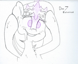 Size: 1379x1134 | Tagged: safe, artist:fluffyxai, twilight sparkle, pony, g4, accessory, chest fluff, crown, drool, female, forced smile, hypnovember 2019, inktober, inktober 2019, jewelry, magic, mind control, regalia, smiling, solo, swirly eyes, traditional art