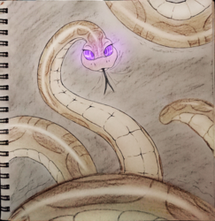 Size: 3695x3805 | Tagged: safe, artist:fluffyxai, oc, oc only, oc:anika, snake, coils, forked tongue, high res, hypnosis, hypnovember 2019, inktober, inktober 2019, kaa eyes, looking at you, offscreen character, pov, solo, tail, traditional art, wrapped up