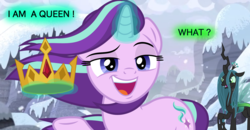 Size: 2500x1300 | Tagged: safe, artist:dashiesparkle edit, artist:fruft, artist:squipycheetah, edit, edited screencap, screencap, queen chrysalis, starlight glimmer, g4, the ending of the end, based, crown, duo, flowing mane, funny, jewelry, lidded eyes, looking at you, magic, open mouth, princess starlight glimmer, queen, regalia, smiling, smug, snow, text