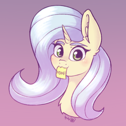 Size: 1356x1356 | Tagged: safe, artist:dsp2003, oc, oc only, oc:posty, pony, unicorn, :3, blushing, bust, commission, cute, female, gradient background, looking at you, mare, mouth hold, pomf, portrait, post-it, solo