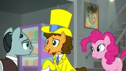 Size: 1920x1080 | Tagged: safe, screencap, cheese sandwich, pinkie pie, sans smirk, earth pony, pony, g4, the last laugh, clothes, hat, suit, top hat