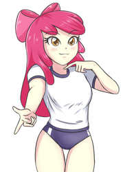 Size: 1369x1876 | Tagged: safe, artist:sumin6301, apple bloom, equestria girls, g4, breasts, buruma, busty apple bloom, clothes, female, looking at you, shorts, simple background, smiling, solo, sports panties, white background, workout outfit