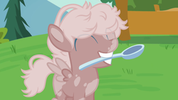 Size: 800x450 | Tagged: safe, artist:peachyprocyonid, edit, edited screencap, screencap, oc, oc only, oc:muddy, pegasus, pony, colt, cute, male, markings, mouth hold, spoon