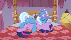 Size: 1280x720 | Tagged: safe, artist:adcoon, artist:blackfeathr, edit, trixie, twilight sparkle, pony, unicorn, g4, bed, clothes, featureless crotch, female, hat, lesbian, licking, mare, neck licking, pillow, ship:twixie, shipping, show accurate, tongue out, trixie's hat