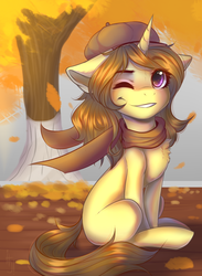 Size: 880x1200 | Tagged: safe, artist:falafeljake, oc, oc only, oc:astral flare, pony, unicorn, adorable face, autumn, beret, clothes, cute, hat, leaves, one eye closed, scarf, sitting, solo, tree, wind, wink, ych result