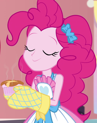 Size: 852x1080 | Tagged: safe, screencap, pinkie pie, equestria girls, equestria girls series, g4, holidays unwrapped, saving pinkie's pie, spoiler:eqg series (season 2), apron, bow, clothes, cropped, eyes closed, female, food, hair bow, kitchen, oven mitts, ramekin, skirt, sleeveless, sleeveless shirt, smiling, sniffing, solo, souffle