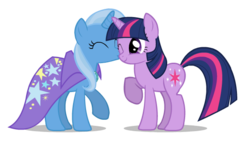 Size: 613x356 | Tagged: safe, artist:mixermike622, trixie, twilight sparkle, pony, unicorn, g4, cape, clothes, female, lesbian, mare, one eye closed, raised hoof, ship:twixie, shipping, simple background, transparent background, trixie's cape, unicorn twilight, wink