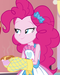 Size: 858x1080 | Tagged: safe, screencap, pinkie pie, equestria girls, equestria girls series, g4, holidays unwrapped, saving pinkie's pie, spoiler:eqg series (season 2), apron, bow, clothes, cropped, female, food, hair bow, kitchen, lidded eyes, oven mitts, raised eyebrows, ramekin, skirt, sleeveless, sleeveless shirt, smiling, solo, souffle
