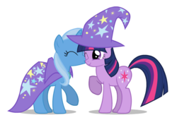 Size: 620x421 | Tagged: safe, artist:mixermike622, trixie, twilight sparkle, pony, unicorn, g4, cape, clothes, female, hat, lesbian, mare, ship:twixie, shipping, simple background, transparent background, trixie's cape, trixie's hat, unicorn twilight