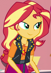 Size: 649x930 | Tagged: safe, screencap, sunset shimmer, equestria girls, equestria girls series, g4, holidays unwrapped, saving pinkie's pie, spoiler:eqg series (season 2), clothes, cropped, female, geode of empathy, jacket, jewelry, kitchen, leather jacket, lidded eyes, magical geodes, necklace, raised eyebrows, shimmerbetes, skirt, smiling, solo