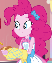 Size: 890x1080 | Tagged: safe, screencap, pinkie pie, sunset shimmer, equestria girls, equestria girls specials, g4, my little pony equestria girls: better together, my little pony equestria girls: holidays unwrapped, saving pinkie's pie, apron, bow, clothes, cropped, female, food, hair bow, kitchen, oven mitts, ramekin, skirt, sleeveless, smiling, souffle