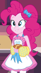 Size: 611x1080 | Tagged: safe, screencap, pinkie pie, equestria girls, equestria girls series, g4, holidays unwrapped, saving pinkie's pie, spoiler:eqg series (season 2), apron, bow, clothes, cropped, female, food, hair bow, kitchen, oven mitts, ramekin, skirt, sleeveless shirt, smiling, solo, souffle