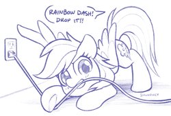 Size: 2048x1386 | Tagged: safe, artist:dawnfire, rainbow dash, pegasus, pony, behaving like a cat, behaving like a dog, chewing, cute, dashabetes, dialogue, eating, electrical outlet, female, monochrome, oh no, outlet, power cord, solo, speech bubble, this will end in death, this will end in electrocution, this will end in pain, this will end in tears, this will end in tears and/or death, too dumb to live